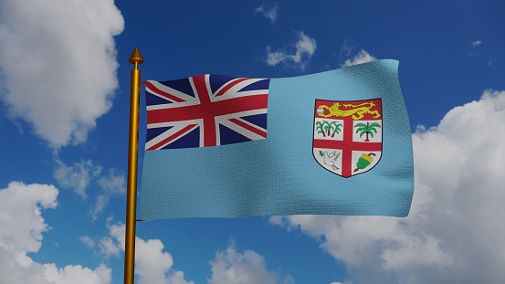 National flag of Fiji waving 3D Render with flagpole and blue sky, Republic of Fiji flag textile designed Tessa Mackenzie, coat of arms Fiji independence day. High quality 3d illustration