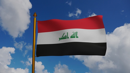 National flag of Iraq waving 3D Render with flagpole and blue sky, Islamic Republic of Iraq flag textile, Arab Liberation flag with Kufic script, coat of arms Iraq independence day. illustration