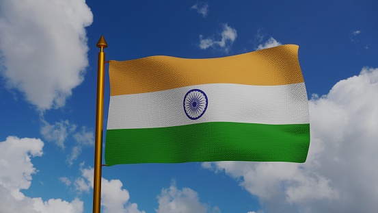 National flag of India waving 3D Render with flagpole and blue sky, Republic of India flag textile designed by Pingali Venkayya, coat of arms India independence day, Ashoka Chakra. illustration