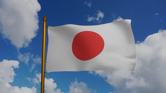 National flag of Japan waving 3D Render with flagpole and blue sky, Nisshoki japan flag of sun or Hinomaru, Land of the Rising Sun, japanese flag. High quality 3d illustration