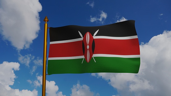 National flag of Kenya waving 3D Render with flagpole and blue sky, Republic of Kenya flag textile with Maasai shield, coat of arms Kenya independence day, Bendera ya Kenya. 3d illustration