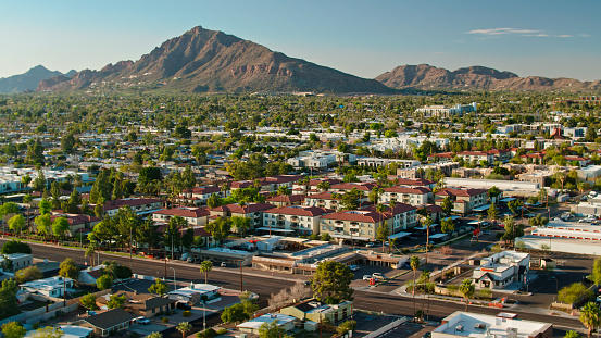 Aerial shot of residential streets in Scottsdale, Arizona on a clear, sunny spring afternoon.

Authorization was obtained from the FAA for this operation in restricted airspace.