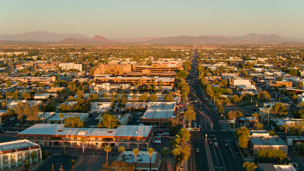 Aerial View of Downtown Scottsdale, Arizona Aerial shot of Scottsdale, Arizona during a golden sunset in spring.

Authorization was obtained from the FAA for this operation in restricted airspace. southwest usa architecture building exterior scottsdale stock pictures, royalty-free photos & images