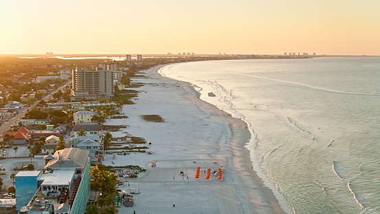 Aerial shot of the Ft. Meyers Beach area during a beautiful sunrise on a spring morning.