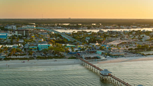 Fort Meyers Beach, Florida - Aerial Aerial shot of the Ft. Meyers Beach area during a beautiful sunrise on a spring morning. fort myers stock pictures, royalty-free photos & images