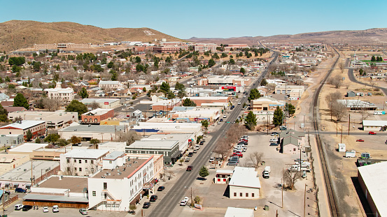 Drone shot of Alpine, Texas, a small city in the Big Bend region of West Texas on a clear day in early spring.