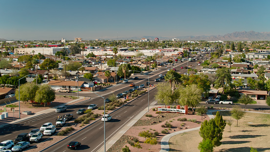 Aerial shot of Mesa, a city within the Phoenix metropolitan area, on a sunny day in spring.