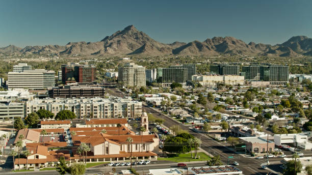 Aerial shot of Phoenix, Arizona on a clear sunny spring morning, flying over the Biltmore neighborhood.

Authorization was obtained from the FAA for this operation in restricted airspace.