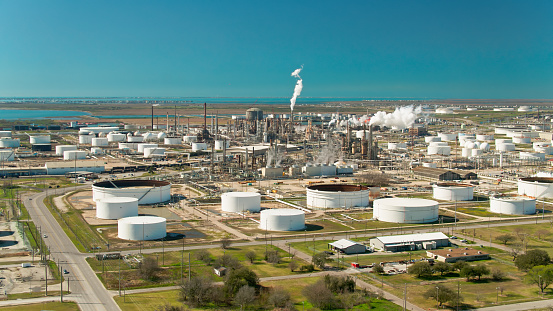 Aerial shot of petrochemical plants and petroleum refineries in Texas City, in the Houston metropolitan area on Galveston Bay.