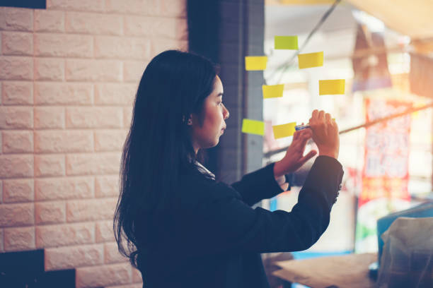 istock Asian businesswoman write tasks creative ideas and planning on sticky post it note on glass wall.project strategy plan writing target tasks creative ideas on sticky post it notes on glass scrum board office wall 1402219142