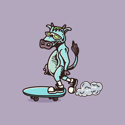 Illustration cow play skateboard