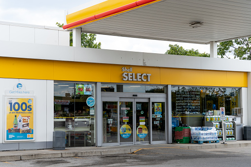 Mississauga, On, Canada - August 11, 2019: A shell select convenience store in Mississauga, On, Canada. Select are Shell's own convenience stores, across all Shell Fuels Stations.