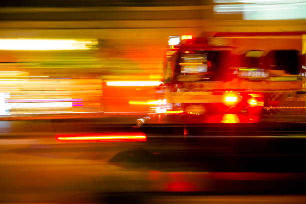 Emergency fire truck at the night stock photo