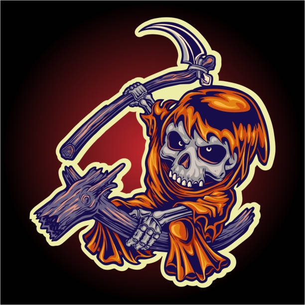 Scary grim reaper skull Cartoon with wood Toys Illustrations Scary grim reaper skull with wood scythe vector illustrations for your work logo, merchandise t-shirt, stickers and label designs, poster, greeting cards advertising business company or brands demon fictional character stock illustrations
