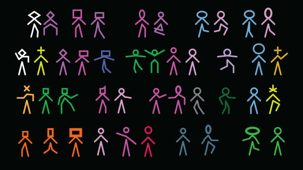 Simple and modern stick man icon vector illustration set on black. Variations of colors and head shapes in different poses. A modern take on a the stick man. Lined up on a grid so great for logo inspiration. jumping jacks stock illustrations
