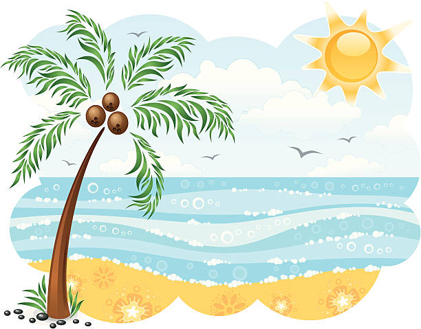 ハワイの夏 - wave island palm tree sea点のイラスト素材／クリップアート素材／マンガ素材／アイコン素材