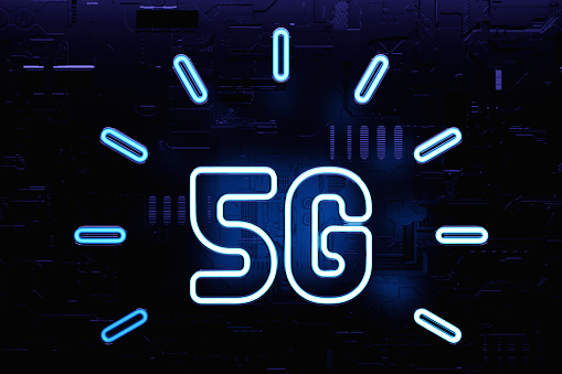5G neon symbol or logo on dark background. 3d illustration