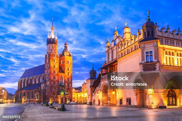 Krakow Poland Medieval Ryenek Square Cloth Hall And Cathedral Stock Photo - Download Image Now