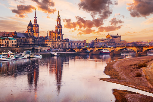 Dresden, Germany - Elbe River sunrise with Hofkirche and Bruehl Terrase.
