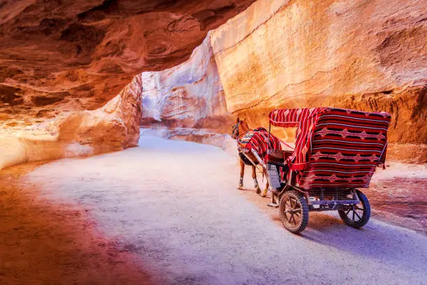 Petra, Jordan. A horse cart carrying tourists on dusty road in Petra, Wadi Rum. One of the worlds greatest archeological sites.