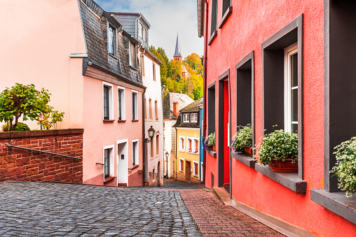Saarburg, Germany. Idyllic city on Saar River, touristic oldtown with scenic cobblestone street