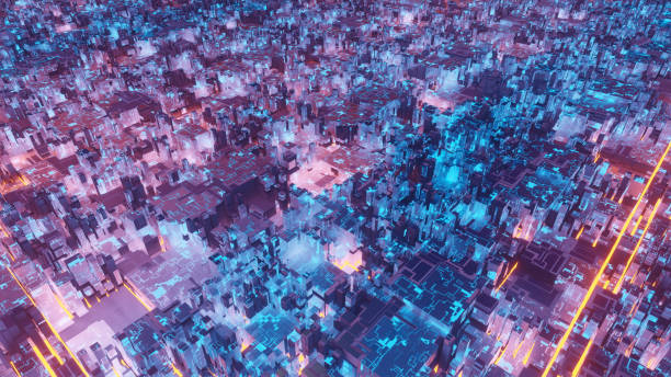 Abstract pattern 3D rendering of giant neon city, view from top