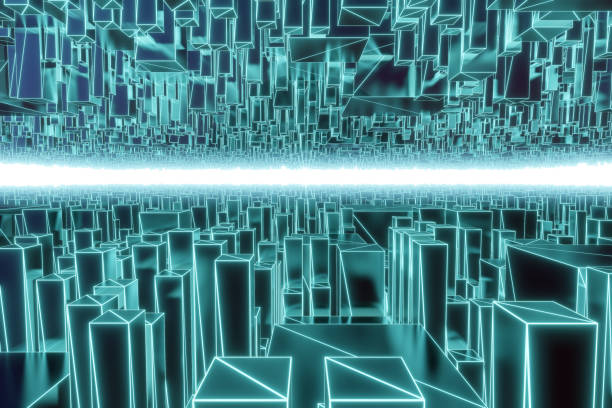 istock 3D rendering seamless loop of abstract hologram cyber city up and down 1402241763