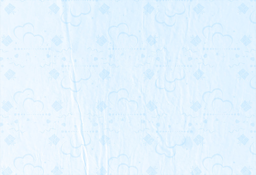 Blank empty, horizontal vector illustration of a light sky blue color gradient grunge backgrounds with hearts and romantic swirls pattern all over crinkled paper backdrop. There is no text, no people and copy space.