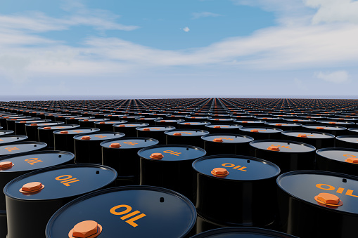 Million barrels of crude oil drums, fossil fuel and gasoline in container under clear sky. 3D Rendering.