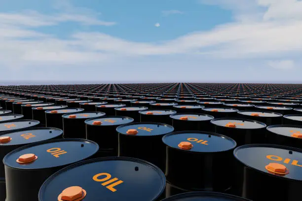 Photo of Million barrels of crude oil drums, fossil fuel and gasoline in container under clear sky. 3D Rendering
