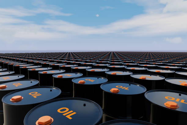 million barrels of crude oil drums, fossil fuel and gasoline in container under clear sky. 3d rendering - opec 個照片及圖片檔
