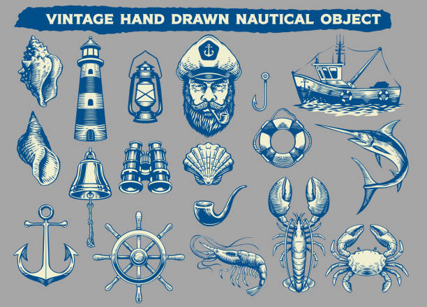 illustrazioni stock, clip art, cartoni animati e icone di tendenza di oggetto nautico vintage disegnato a mano - fishermen harbor