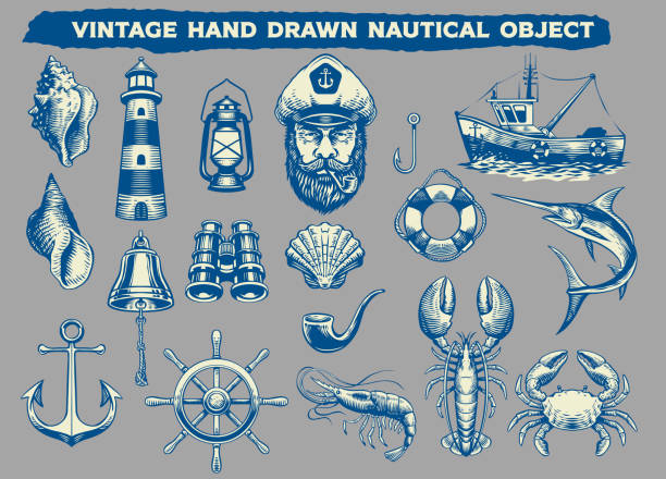 Vintage Hand Drawn Nautical Object vector of Vintage Hand Drawn Nautical Object marine life logo stock illustrations