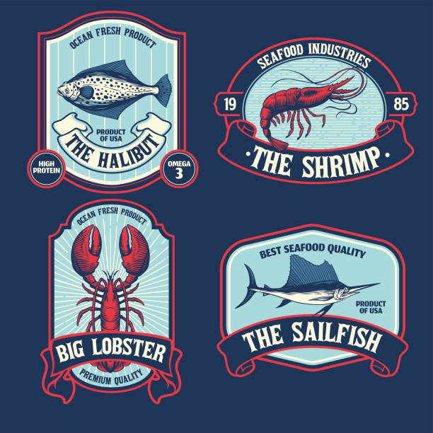 ilustrações de stock, clip art, desenhos animados e ícones de seafood label set in vintage style - fish seafood lobster salmon