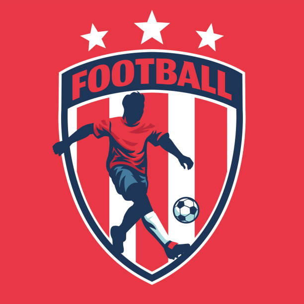 ilustrações, clipart, desenhos animados e ícones de logotipo do crachá de futebol - soccer ball running sports uniform red