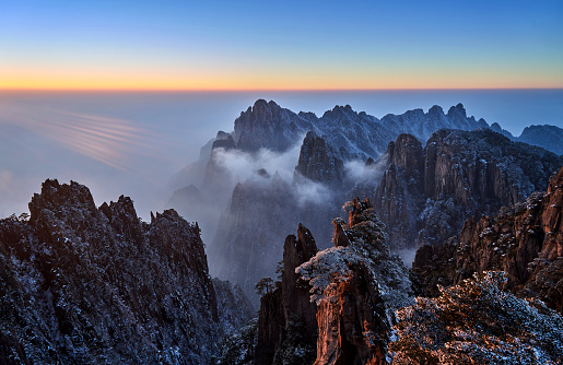 Aerial view of huangshan mountain in cloud-Sea at sunrise, China.