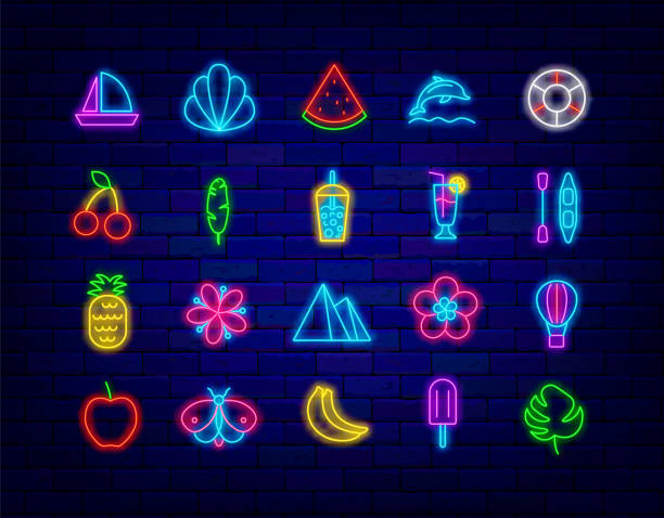 Summer neon icons collection. Yacht, dolphin and lifeline. Holiday symbols collection. Vector stock illustration Summer neon icons collection. Yacht, dolphin and lifeline. Holiday symbols collection. Cocktail, flower and fruits. Night bright signboard set. Glowing effect banner. Vector stock illustration neon sign ice cream stock illustrations