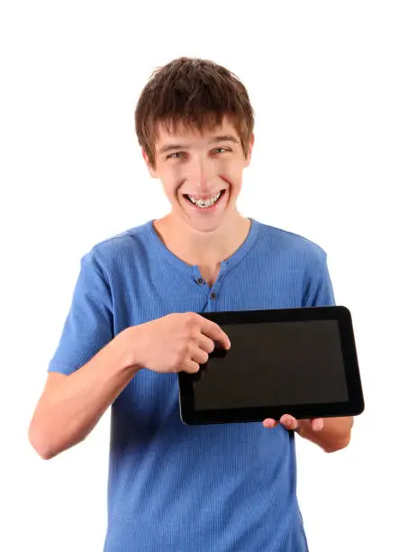 Cheerful Young Man with Tablet Computer Isolated on the White Background