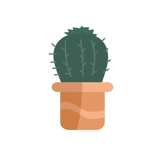 Vector illustration of Hand drawn flat vector circle shape cactus in the potted. Plants illustration isolated on white background.
