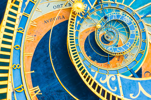 Droste effect background based on Prague astronimical clock. Abstract design for concepts related to astrology, fantasy, time and magic.