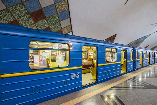 Kiev, Ukraine - May 20, 2022: Subway train. Station Teremki