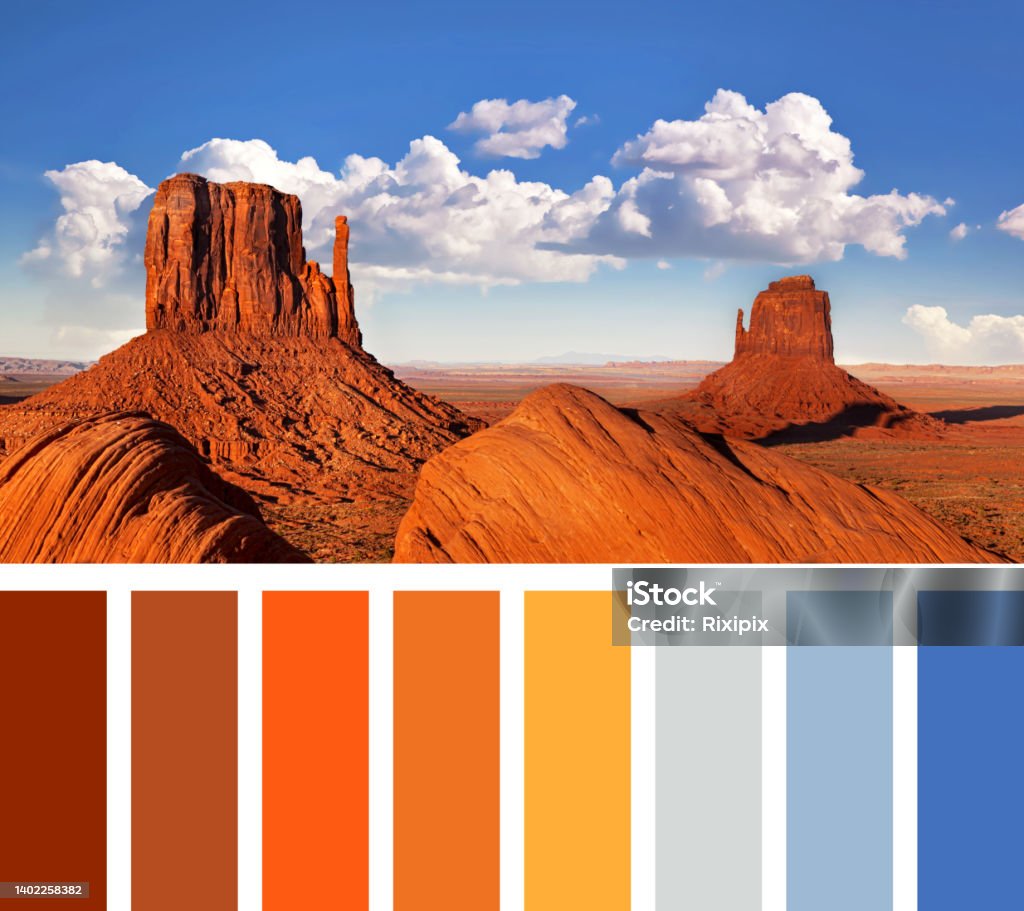 Monument Valley colours The iconic Mitten Butte rock formations of Monument Valley, in a colour palette with complimentary swatches Monument Valley Stock Photo