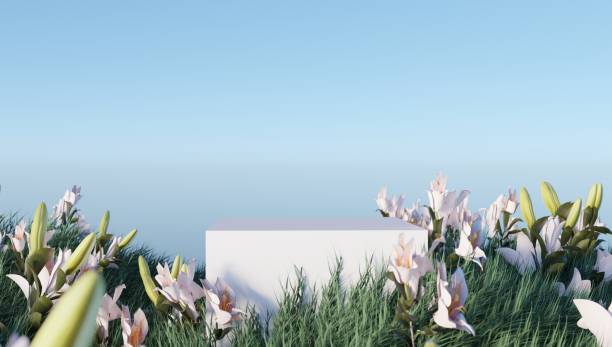 istock Natural stone and concrete podium with flowers. Empty showcase for packaging product presentation. Background for cosmetic products, scene with green leaves. Mock up pedestal. 3d rendering. 1402259850