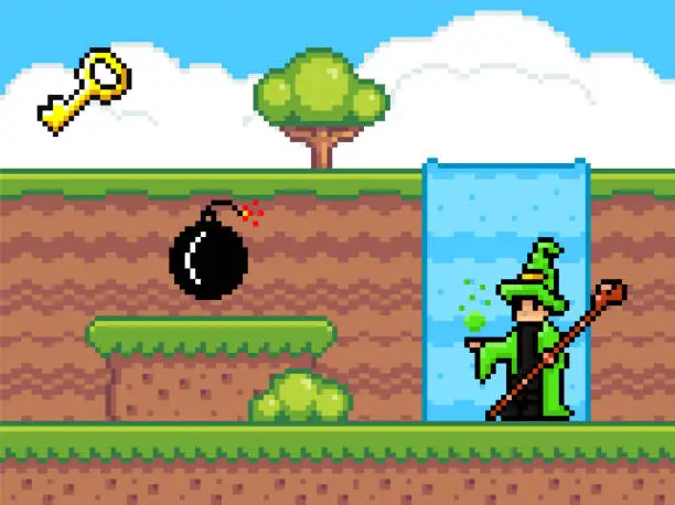 Vector illustration of Pixel art game scene with ground plarforms, tree, waterfall, cloudy sky and magician with stick