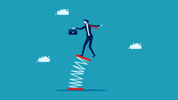 istock Volatility from external factors. Businessman balancing on an unstable spring. business concept 1402261177