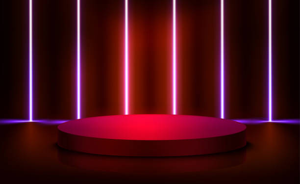 istock illuminated interior with red neon lights and circlr podium. 3d vector illustration 1402262531
