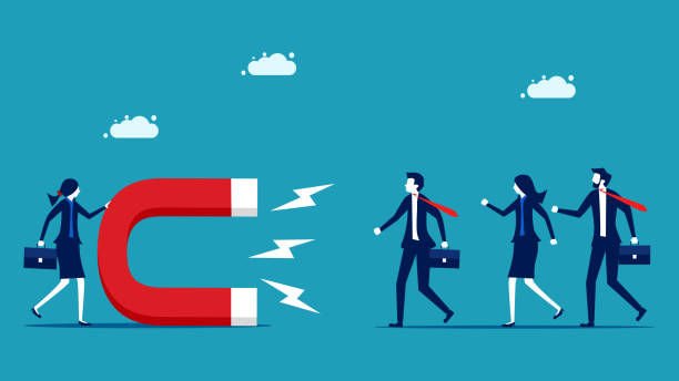 Stimulate attention. A business woman attracts people with a magnet. business concept vector Stimulate attention. A business woman attracts people with a magnet. business concept vector illustration employer brand magnet stock illustrations