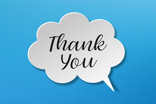 Thank you message with speech bubble on blue background