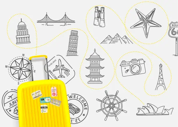 Vector illustration of Travel concept with yellow bag and doodle elements. Vector illustration