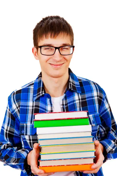 Young Man with the Books Isolated on the White Background